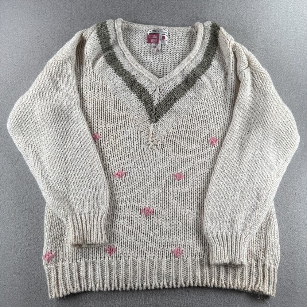 Vintage Sheridan Square Women 20W Hand Knit Ramie Sweater Cream Pink Hearts